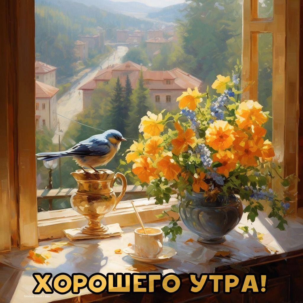 Синяя птица на вазе с жёлтыми цветами у окна