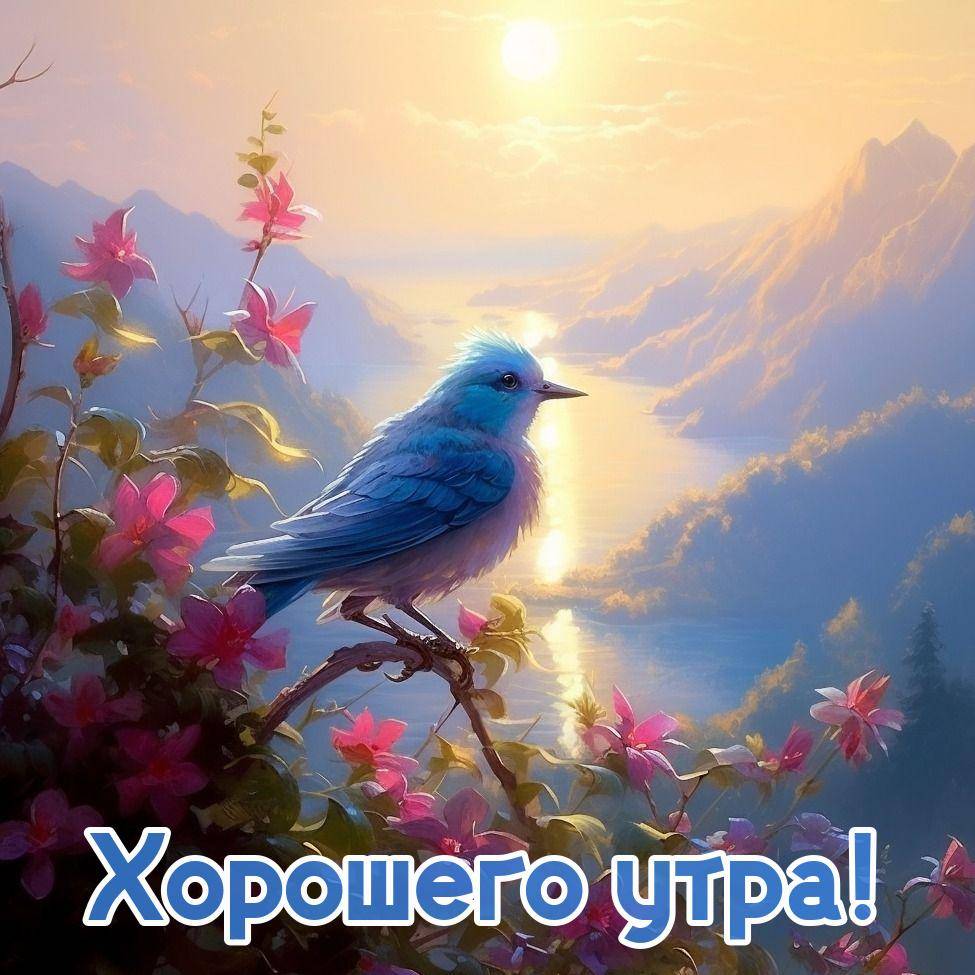 Синяя птица на ветке среди розовых цветов