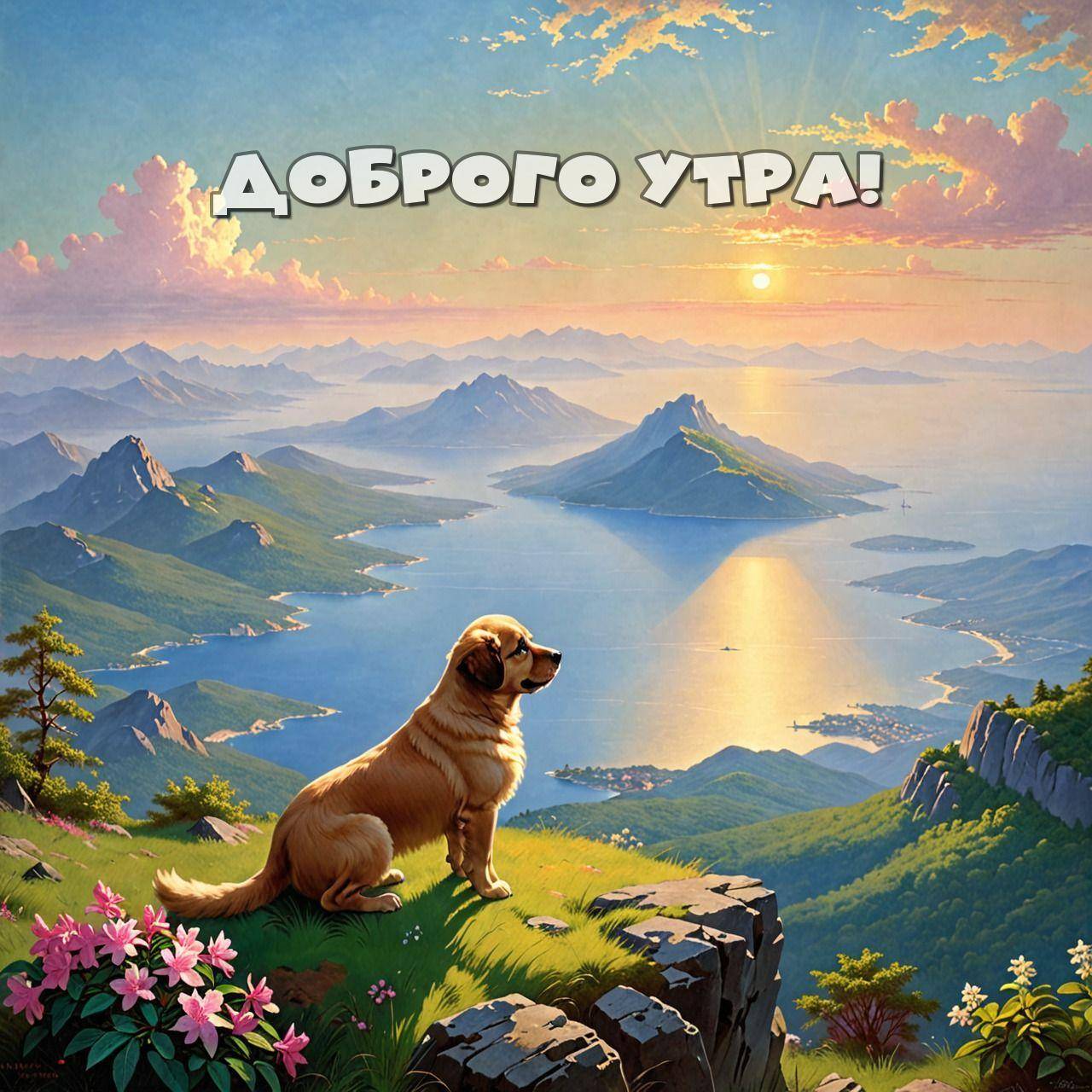 Собака на фоне горного пейзажа и водоема, облаков на небе