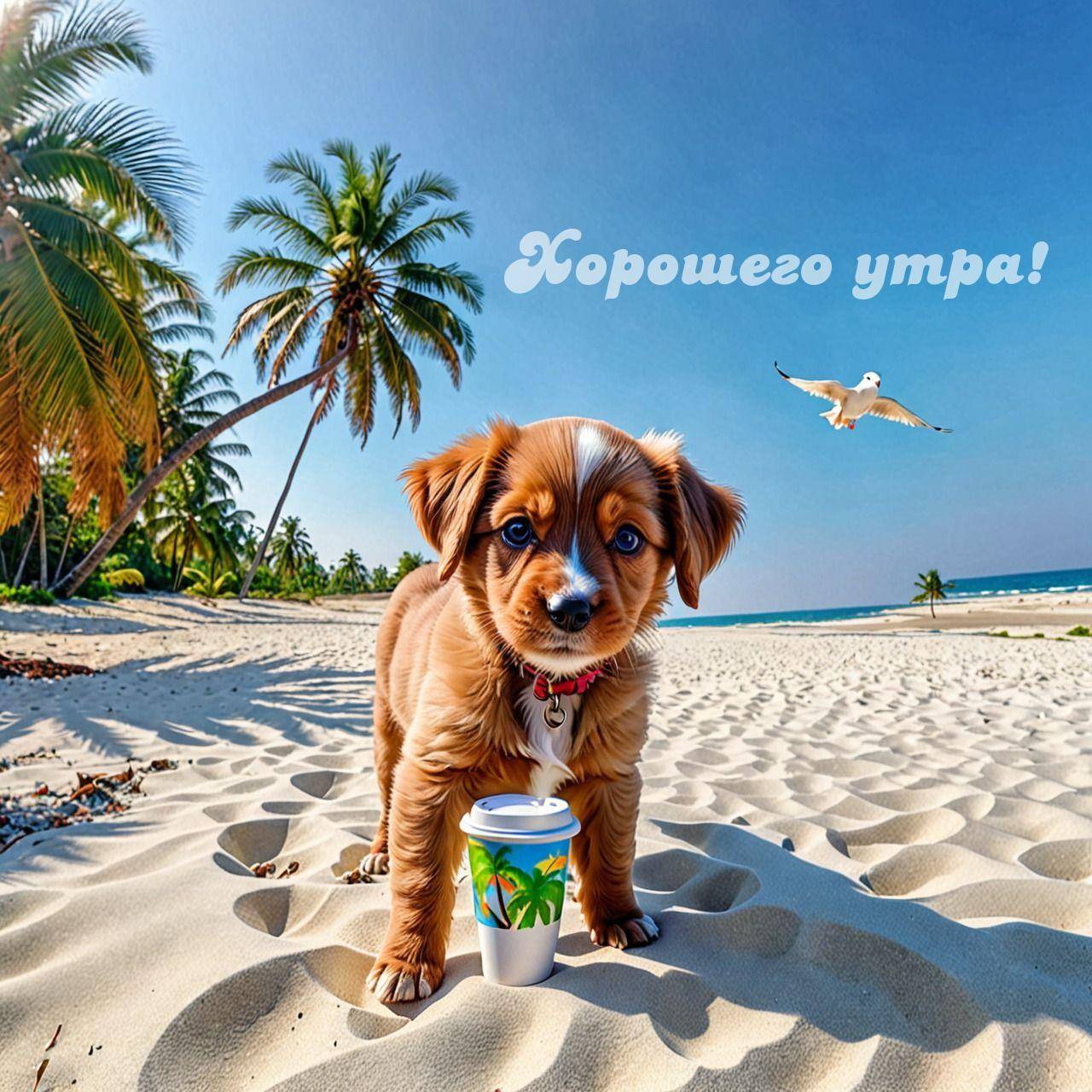 Собака на пляже с ведерком, пальмы и летящая птица