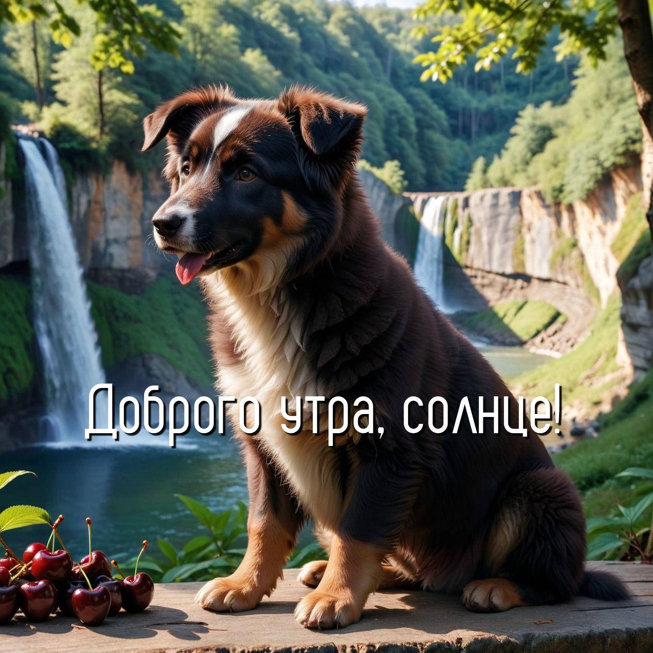 Собака породы австралийская овчарка на фоне водопада