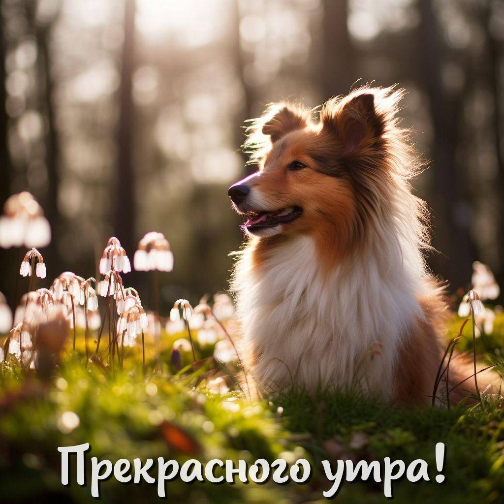 Собака породы шелти среди цветов в лесу