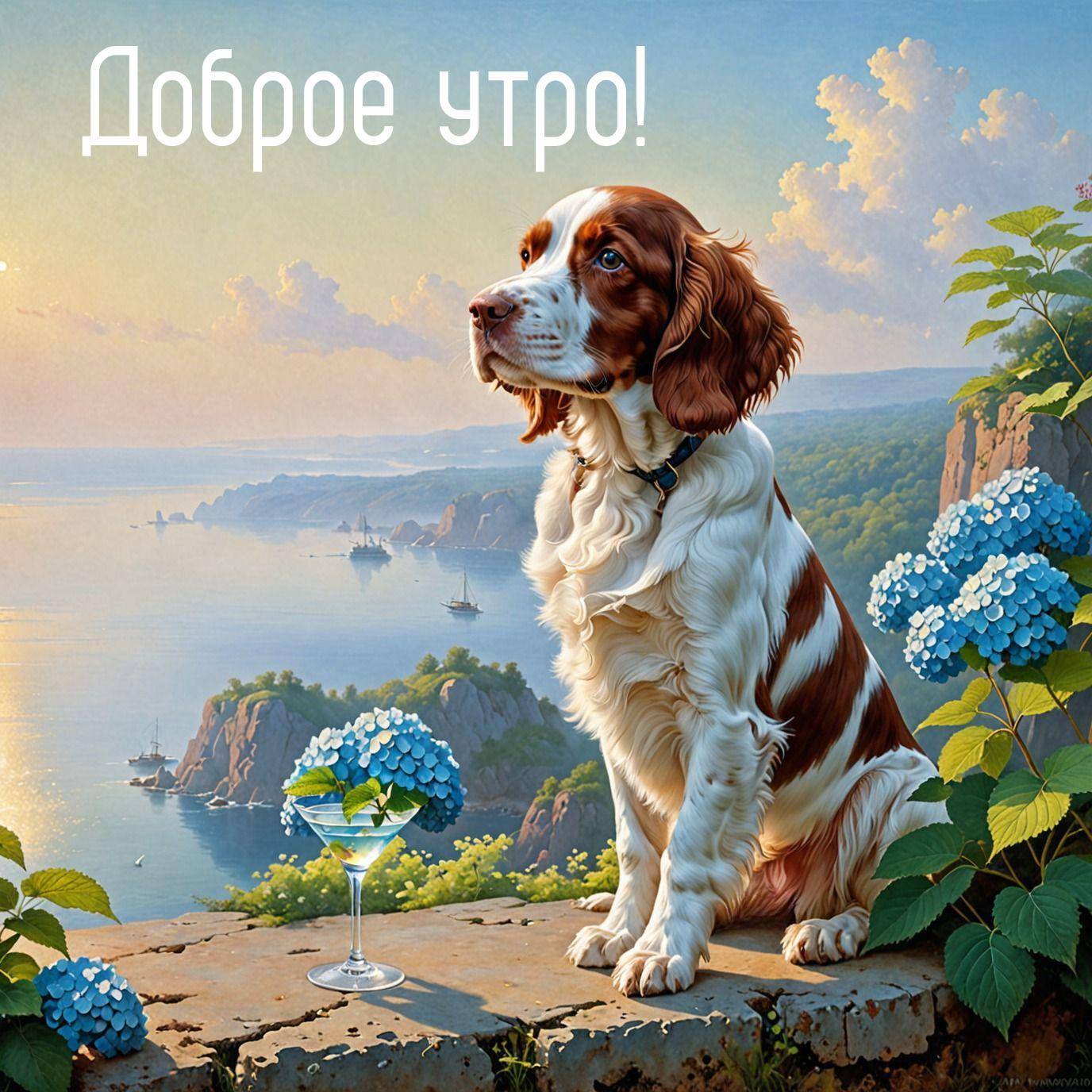 Собака породы спаниель на фоне морского пейзажа