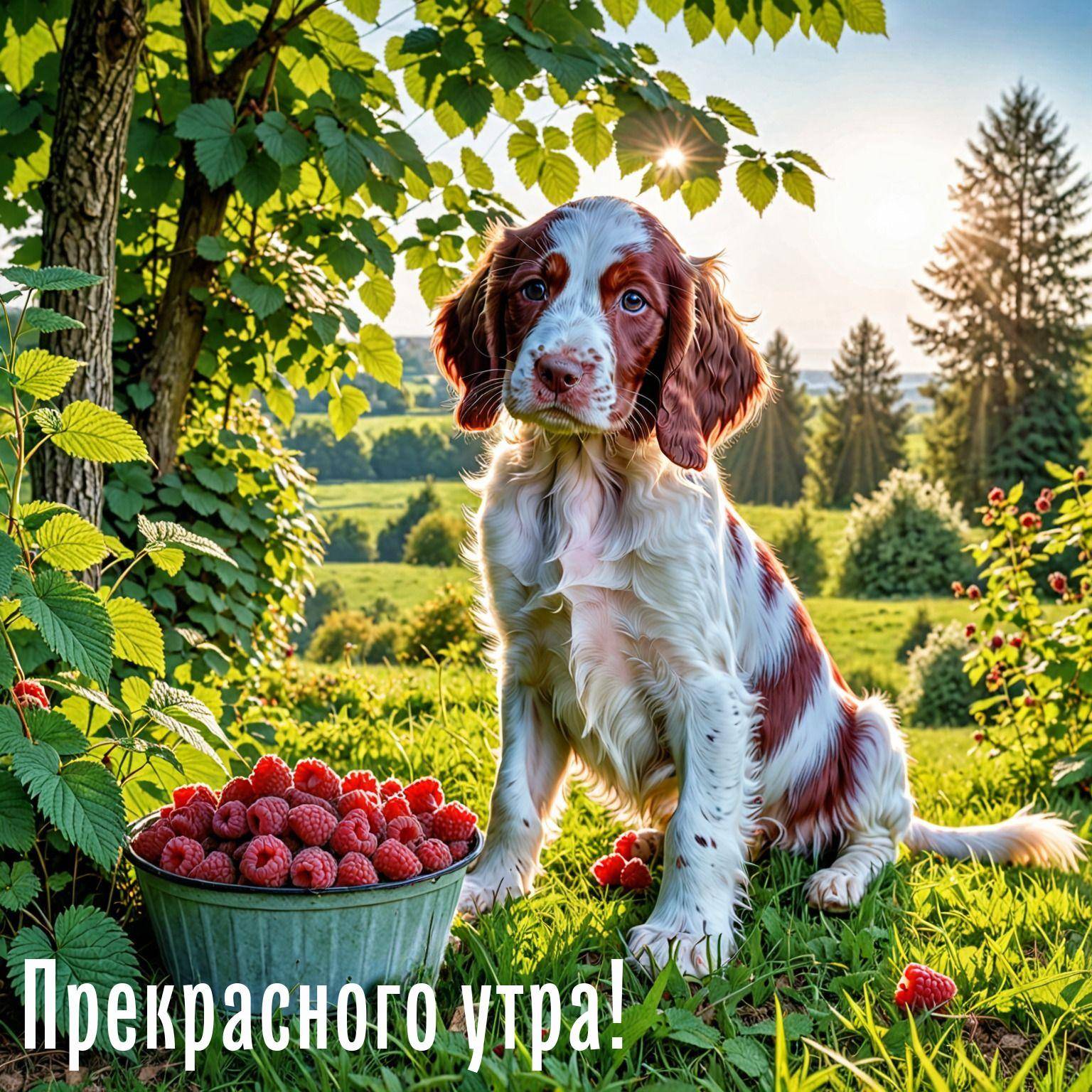 Собака породы спаниель рядом с ведром малины