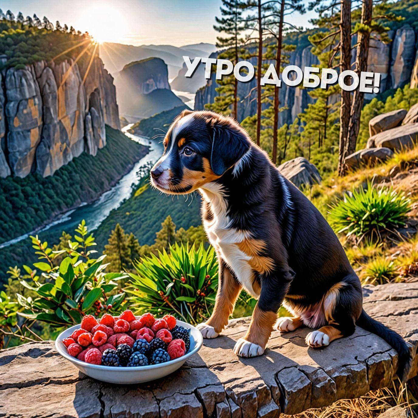 Собака рядом с миской ягод на фоне каньона при свете утра