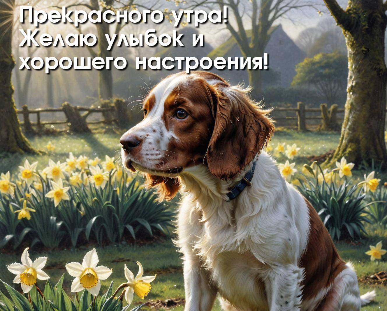 Собака среди нарциссов, деревья и забор на заднем плане