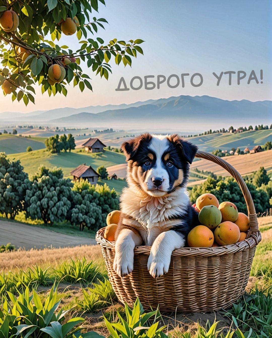 Собака в корзине с фруктами на фоне пейзажа