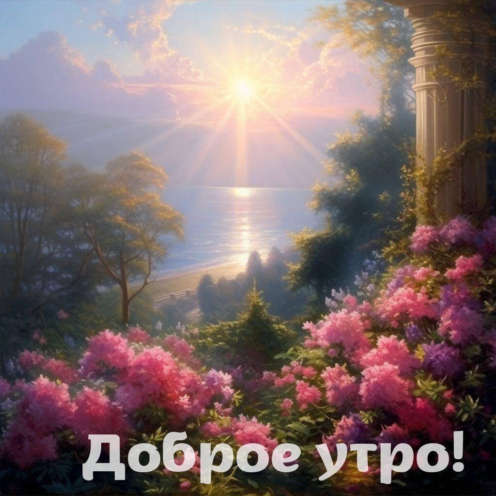 Солнечные лучи пробиваются сквозь деревья, цветущие кусты