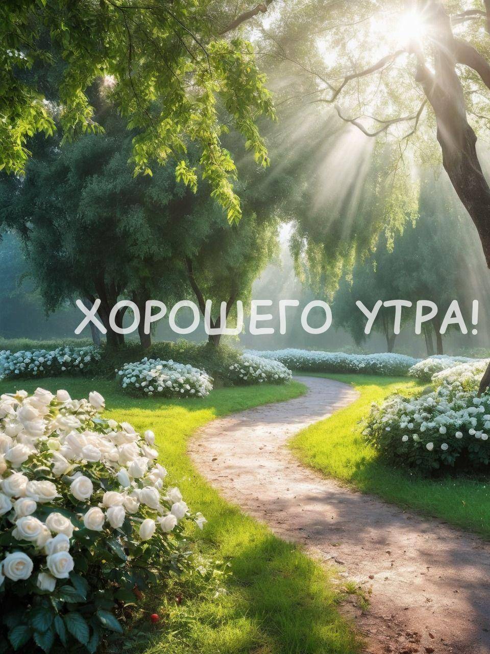 Солнечные лучи сквозь деревья, цветущие кусты, утренняя прогулка