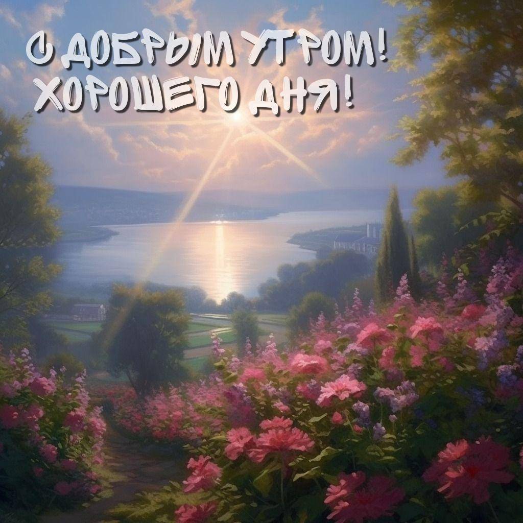 Солнечные лучи сквозь облака, вода, зелень и цветы