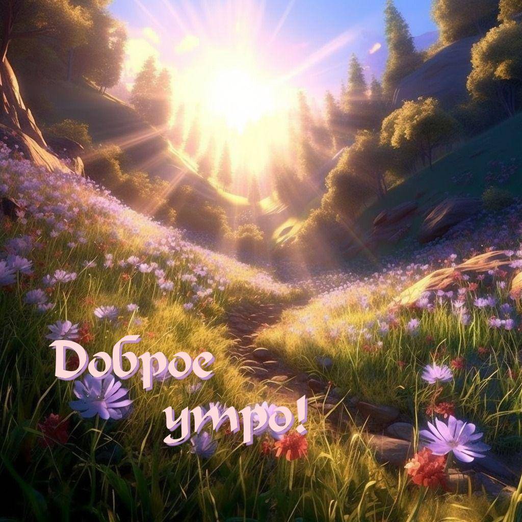 Солнечный луг с цветами и деревьями