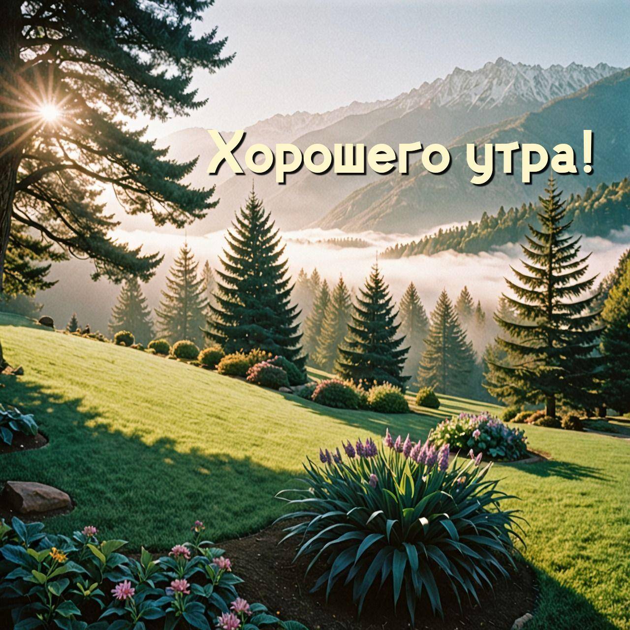 Солнечный свет сквозь деревья, цветущий луг, горы с снегом