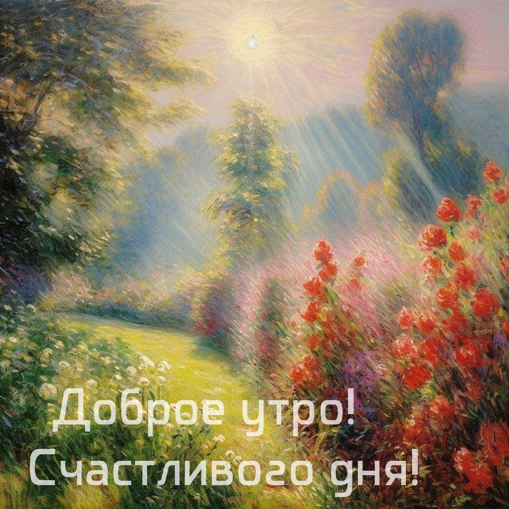 Солнечный свет сквозь деревья, цветущий сад