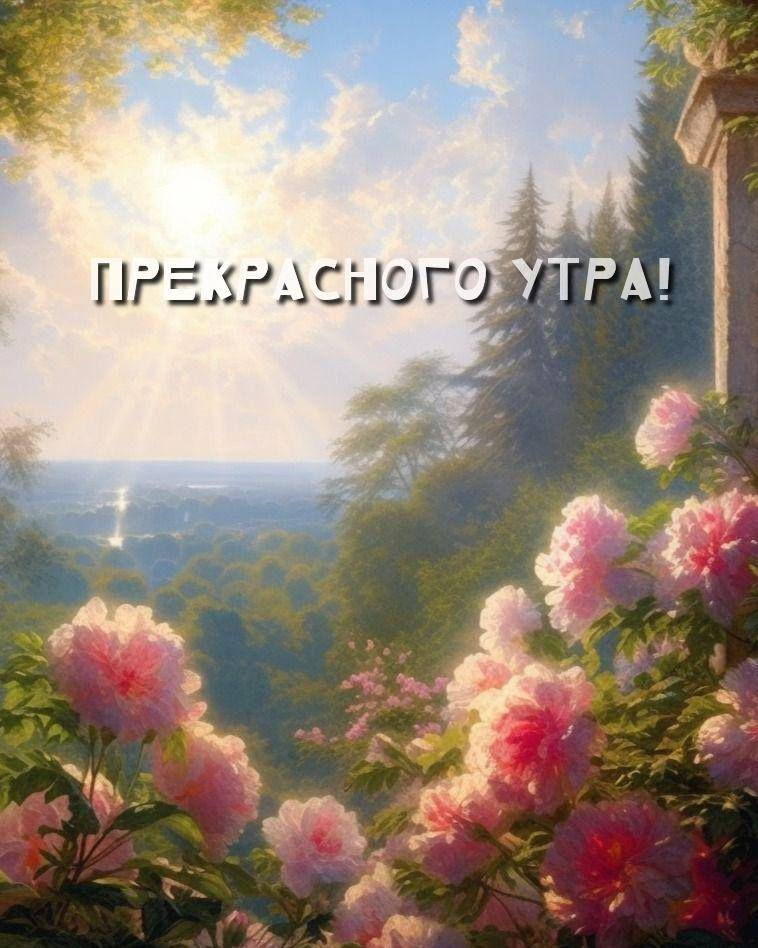 Солнечный свет сквозь облака, зелень и розовые цветы