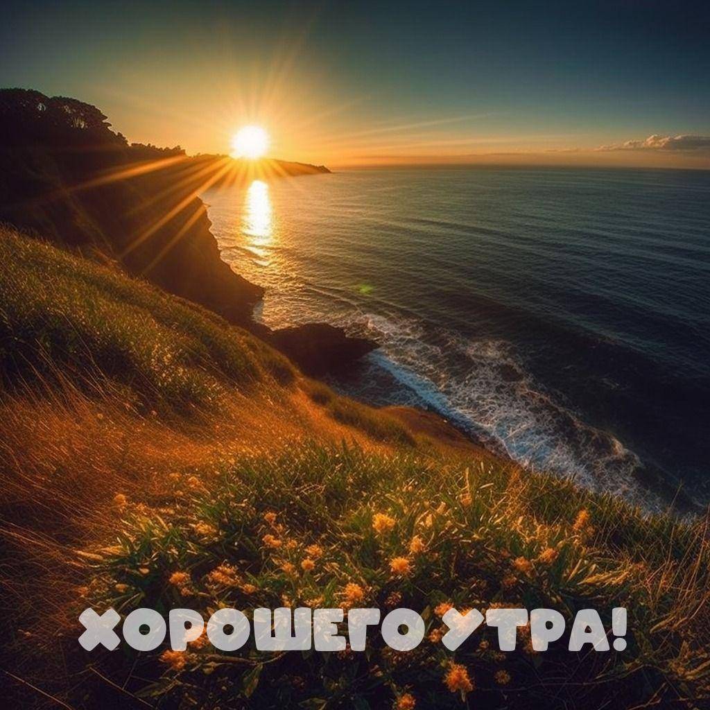 Солнце на горизонте над морем, цветы на утесе