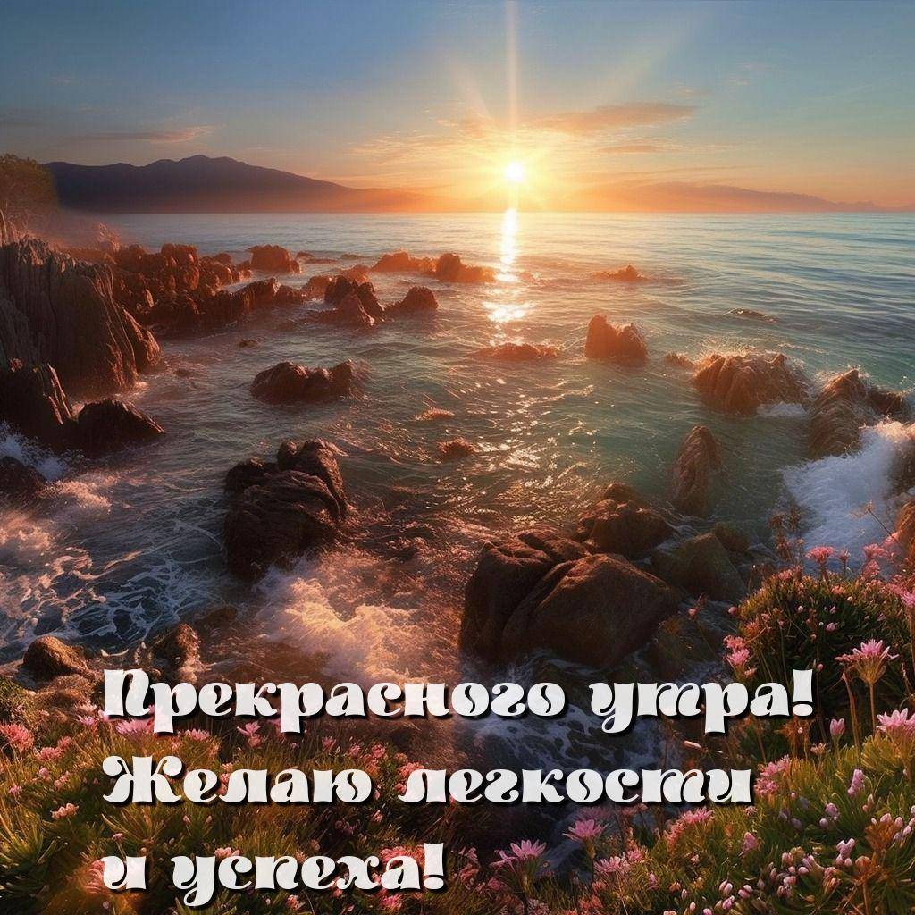 Солнце над морем, цветы, скалы, утренний свет