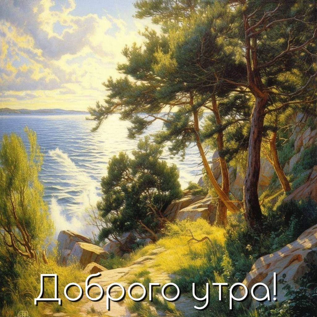 Сосны на берегу моря, солнечный свет сквозь ветви