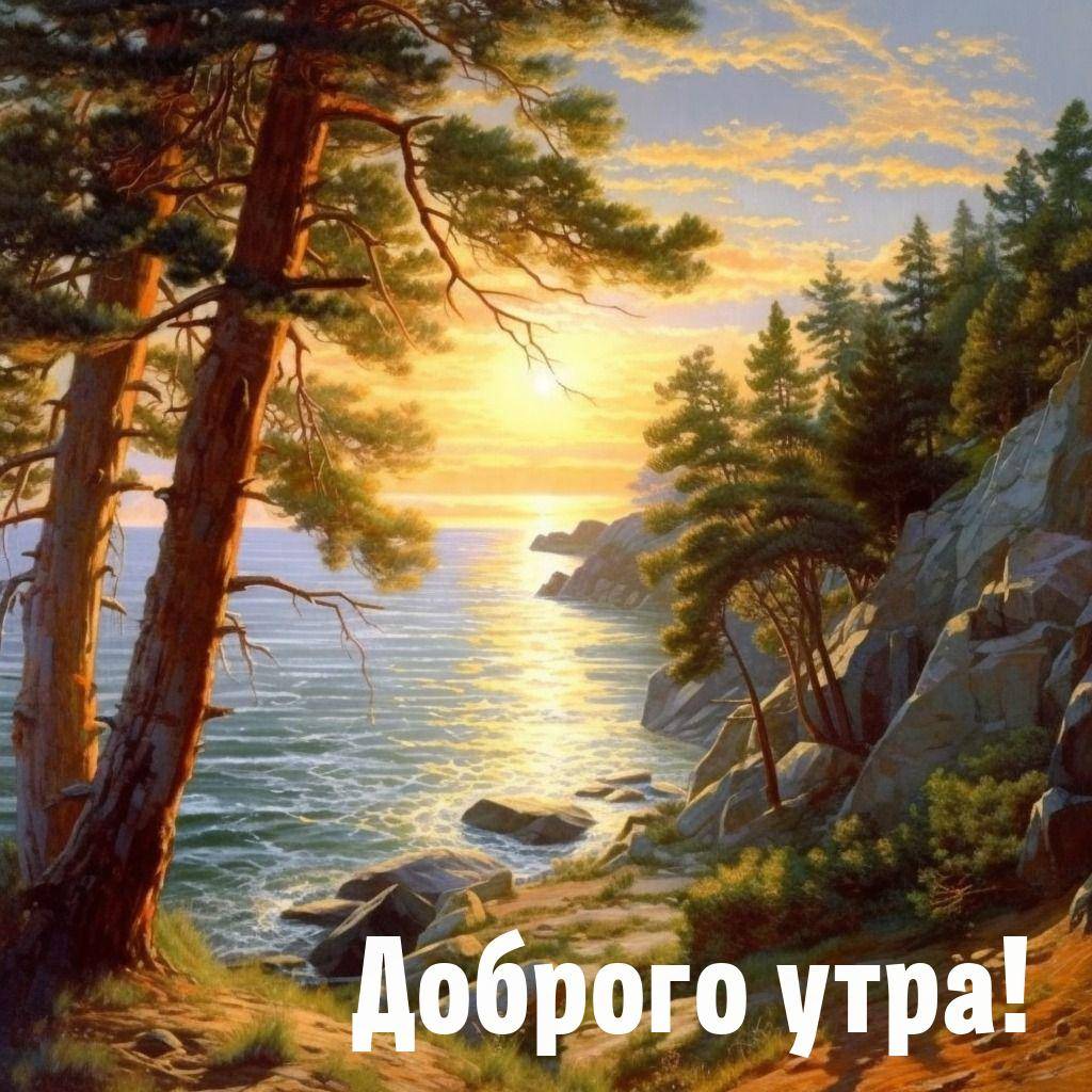 Сосны на берегу моря, солнечный свет сквозь ветви