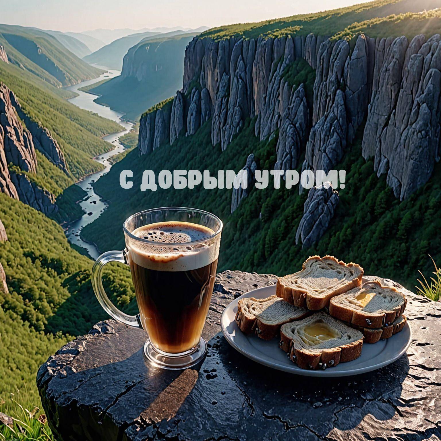 Стеклянная чашка кофе и хлеб с маслом на природе