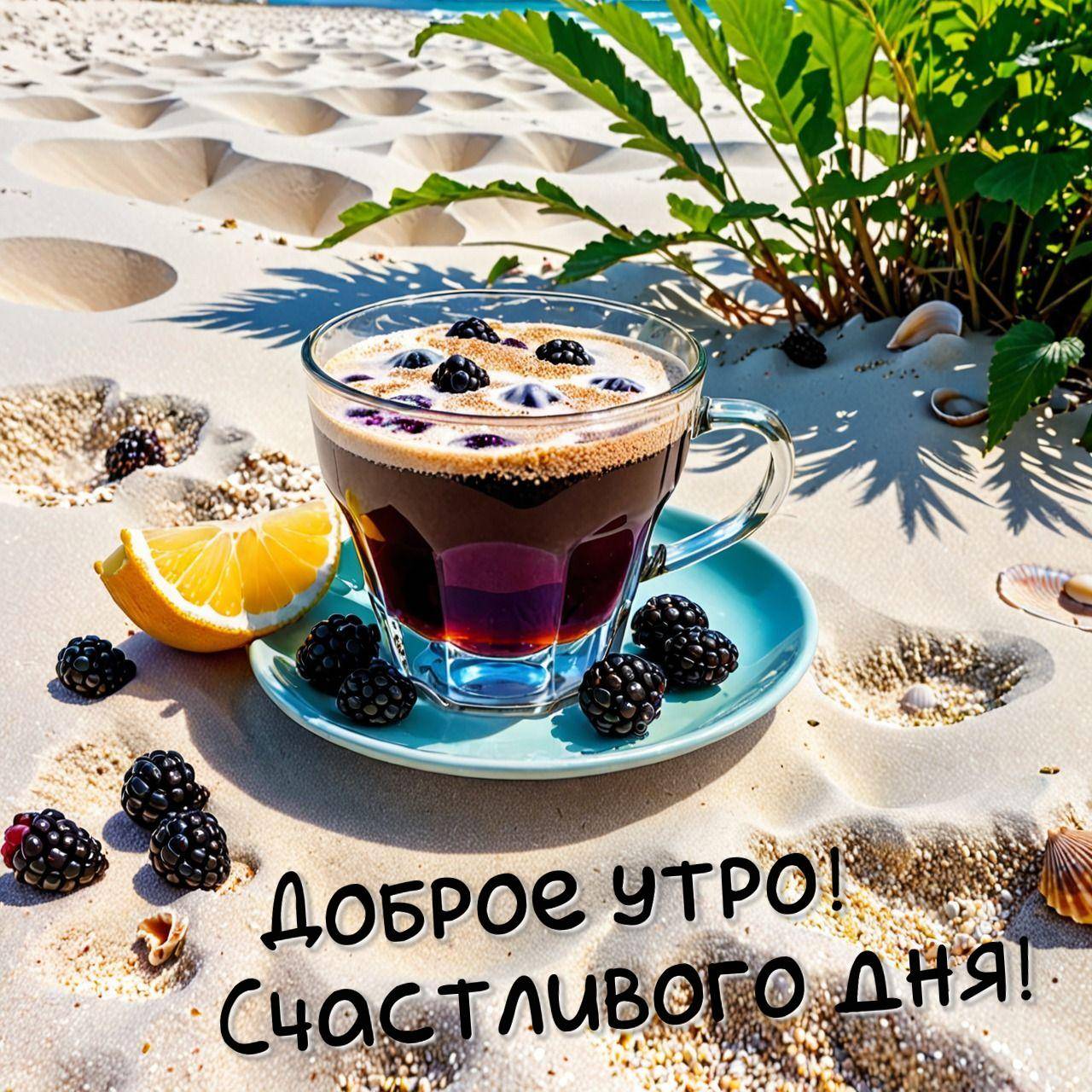 Стеклянная чашка кофе с ежевикой на песке