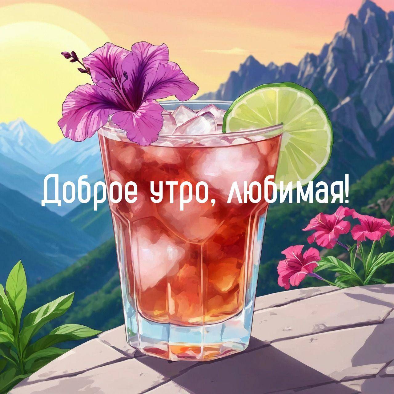 Стеклянный бокал с красным напитком, льдом, лаймом и цветком