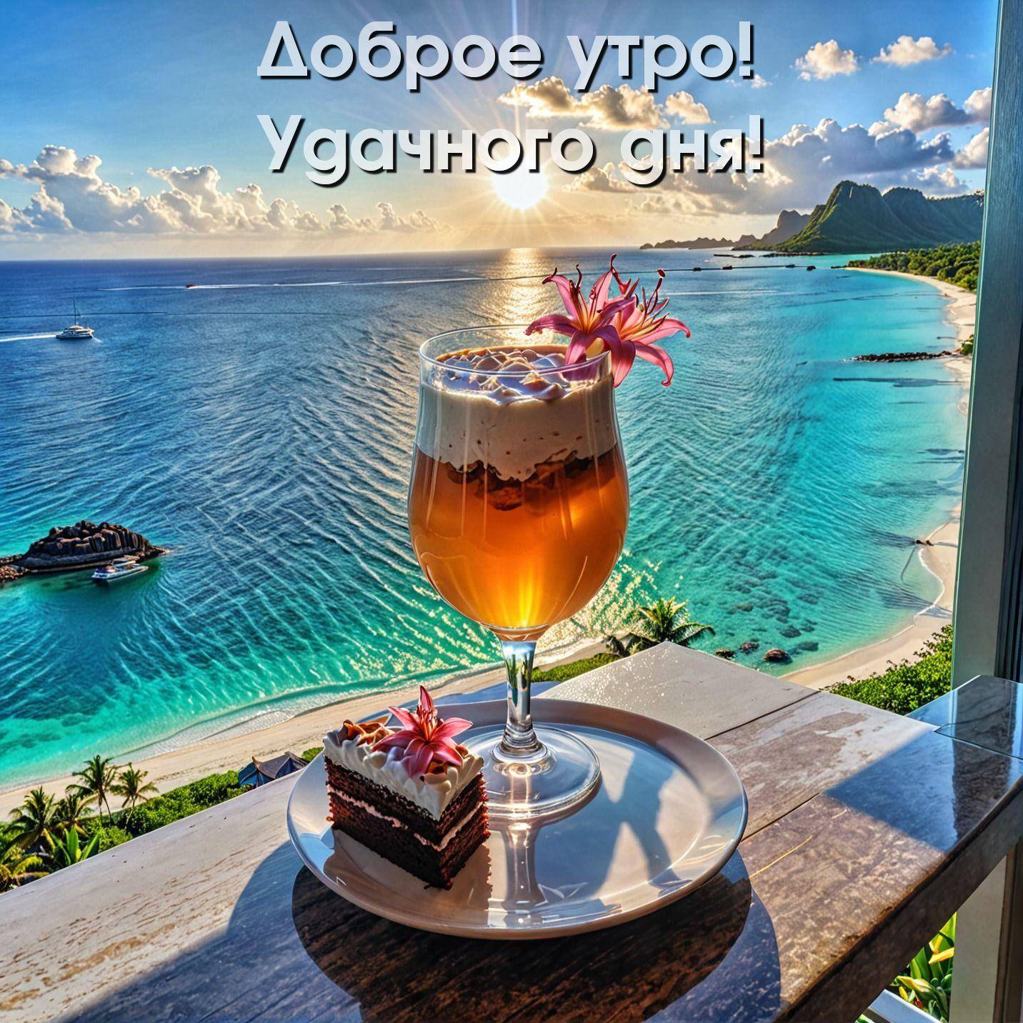 Стеклянный бокал с напитком и кусочек торта на фоне моря