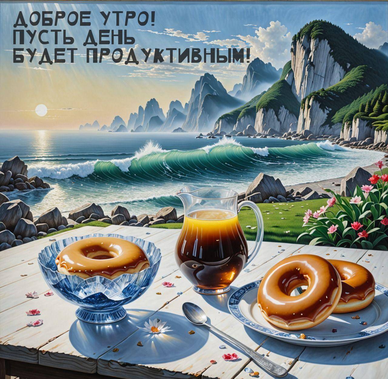 Стеклянный кувшин и пончики на фоне морского пейзажа