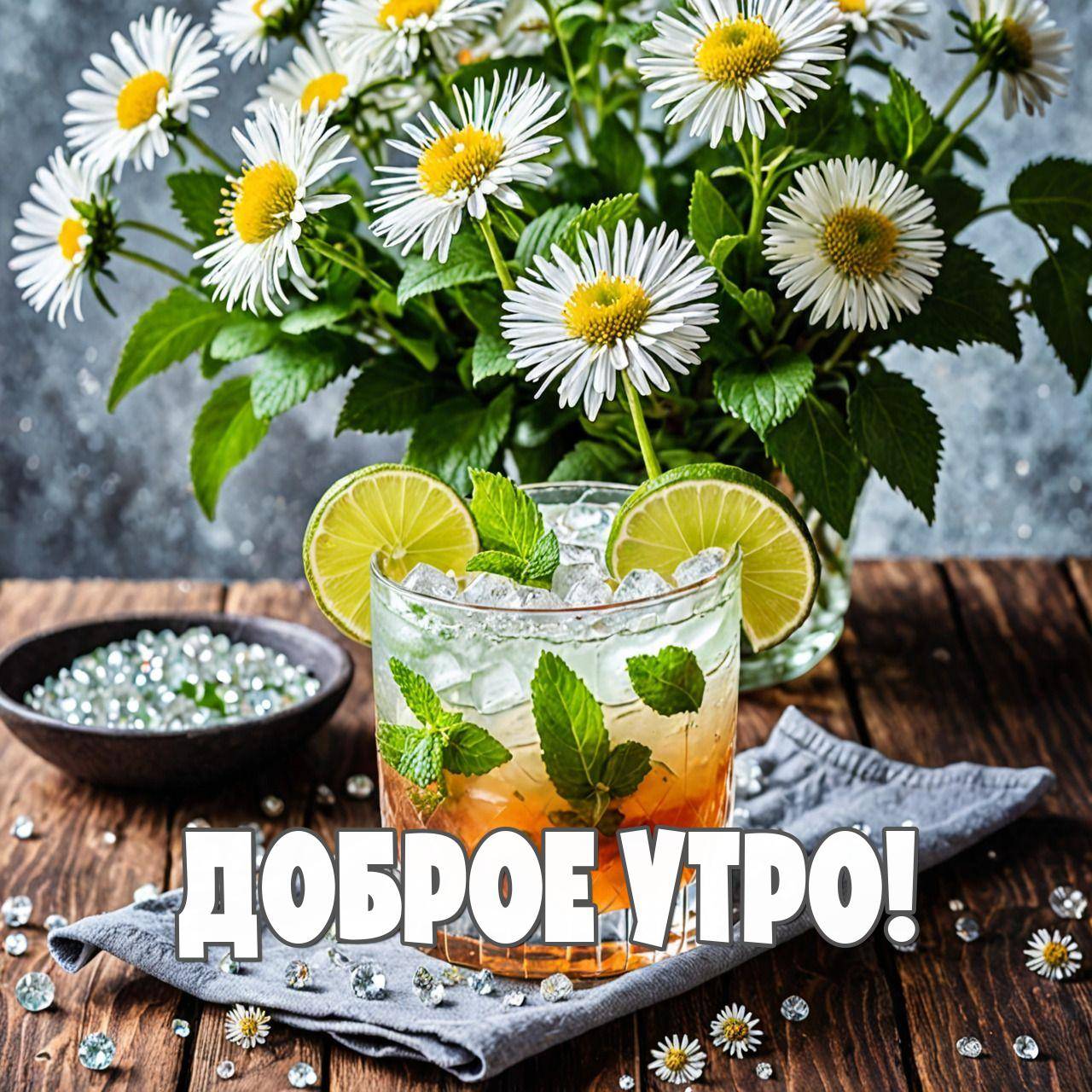 Стеклянный стакан с ледяным чаем, лаймом и мятой на деревянной поверхности