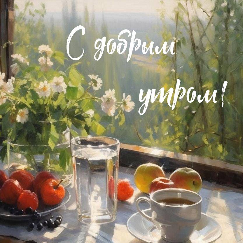Стеклянный стакан воды и чашка чая на столе с фруктами