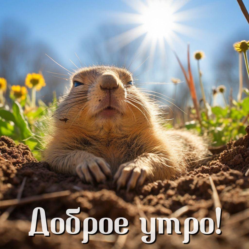 Суслик выглядывает из норы на фоне солнца и цветов