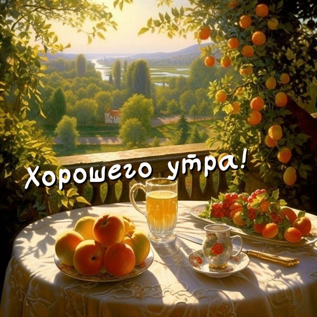Свежие фрукты и сок на столе перед пейзажем
