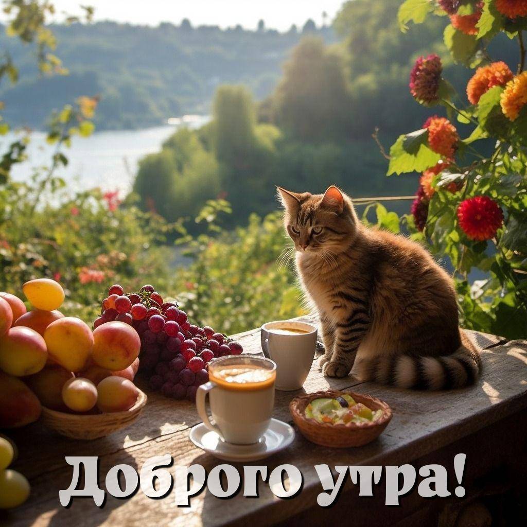 Табби кот на столе с фруктами и кофе утром