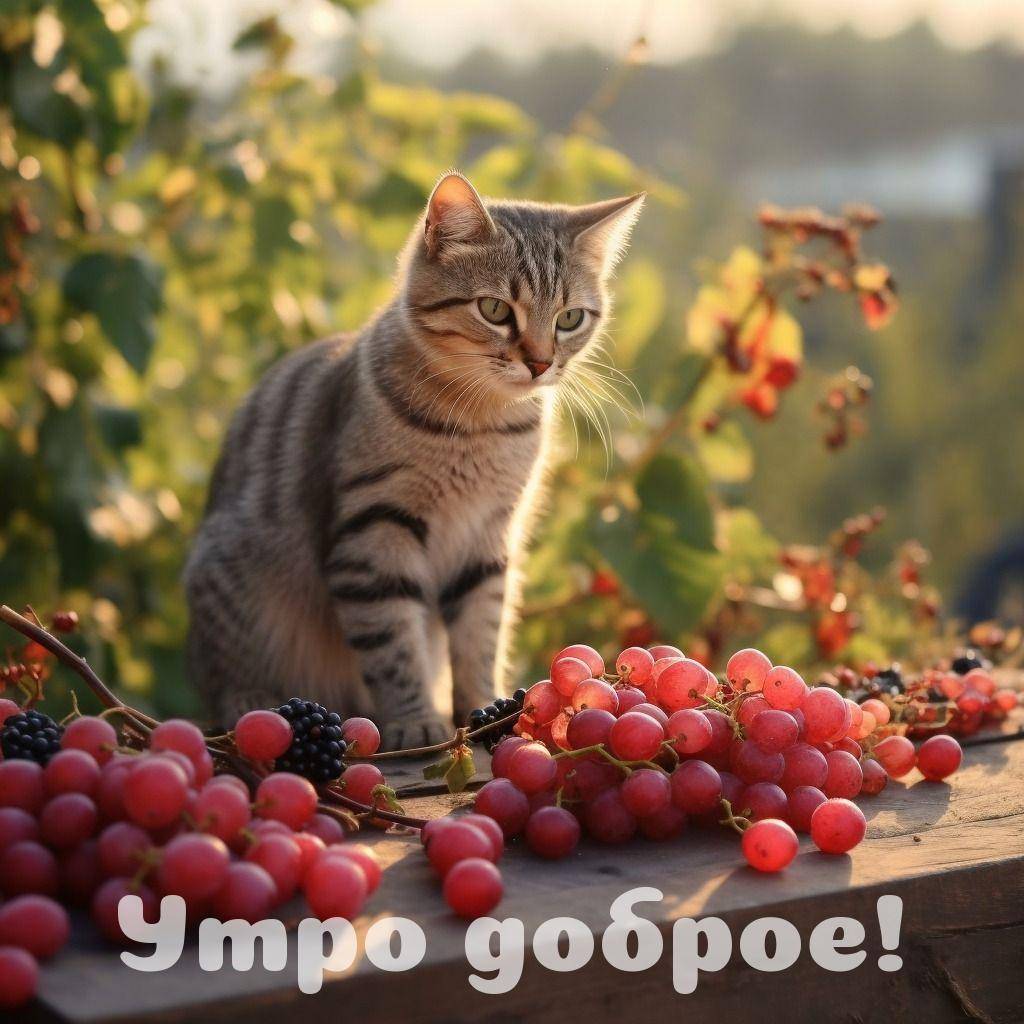 Табби кот рядом с красными виноградными гроздьями