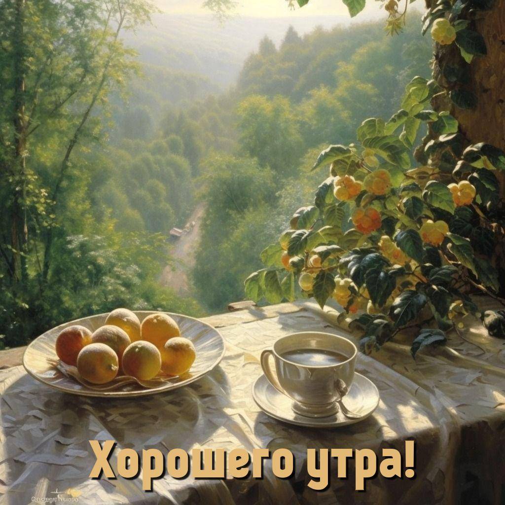 Тарелка с фруктами и чашка на столе у окна