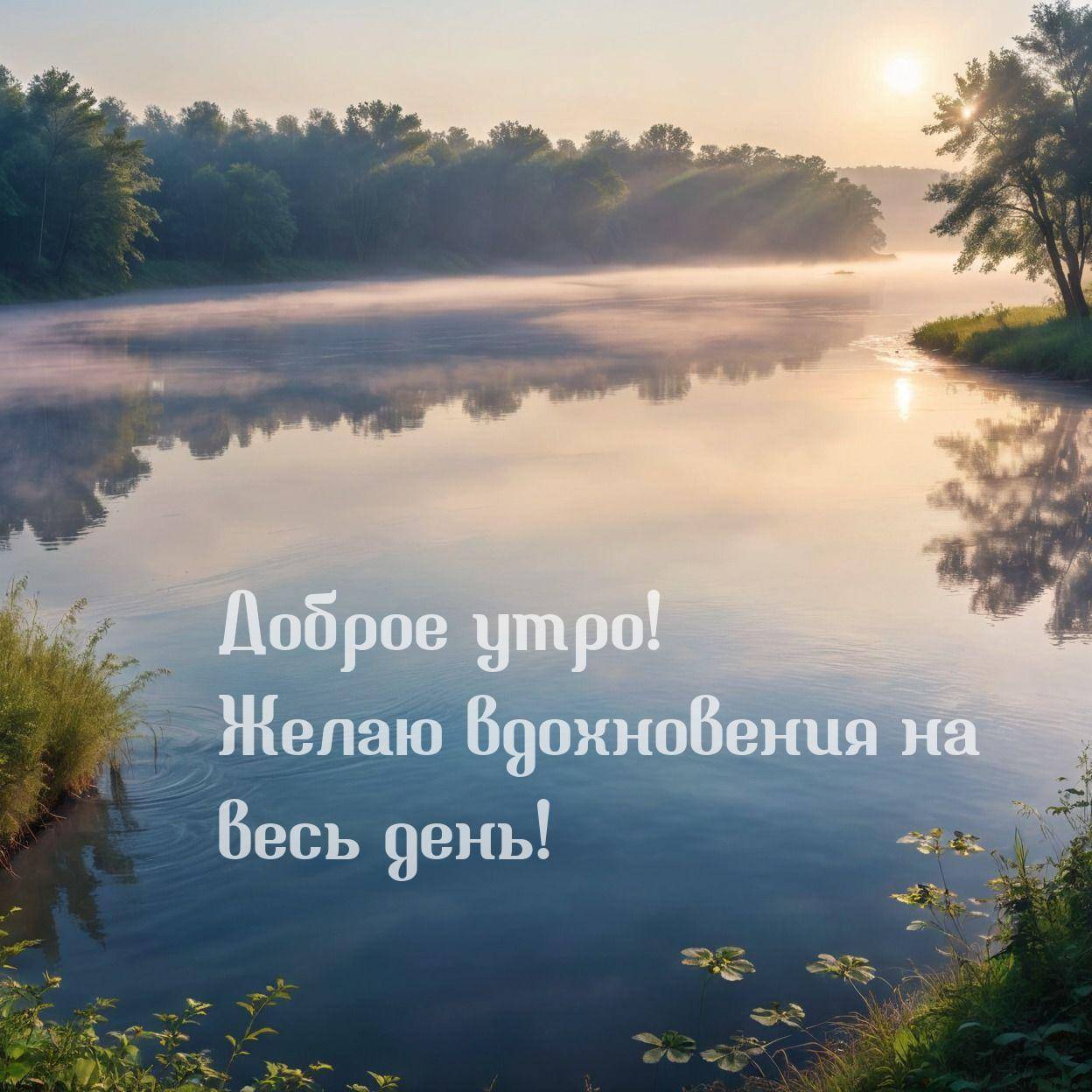 Тихая река с отражением деревьев и туманом утром