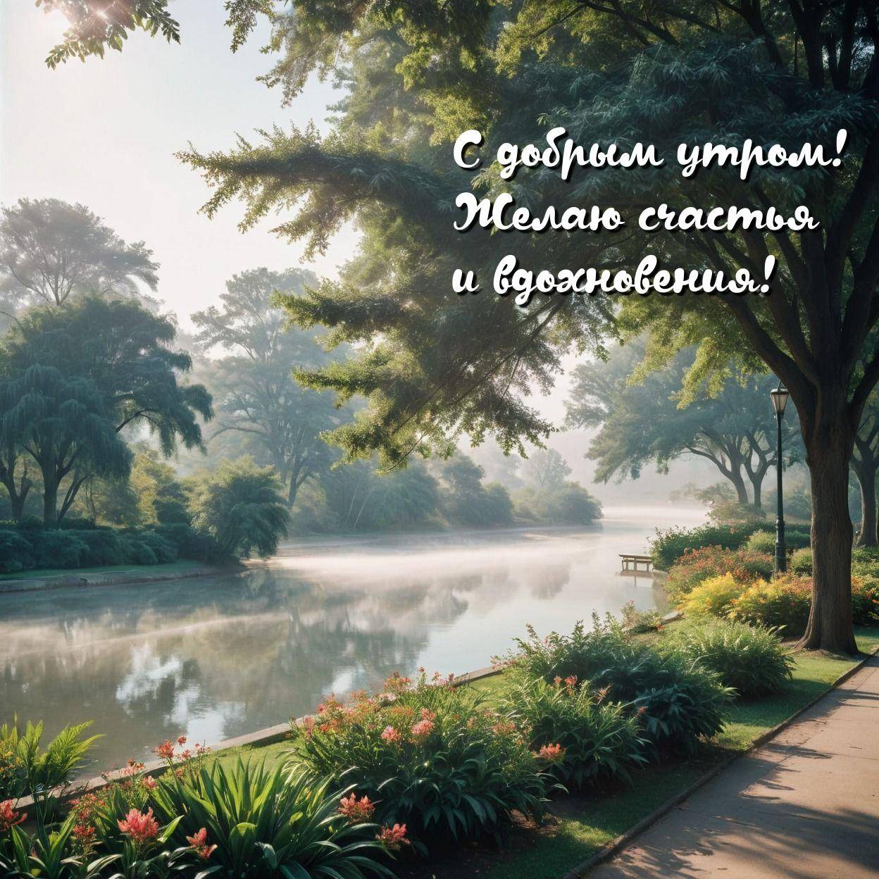 Тихий парк с зелеными деревьями и цветами у воды