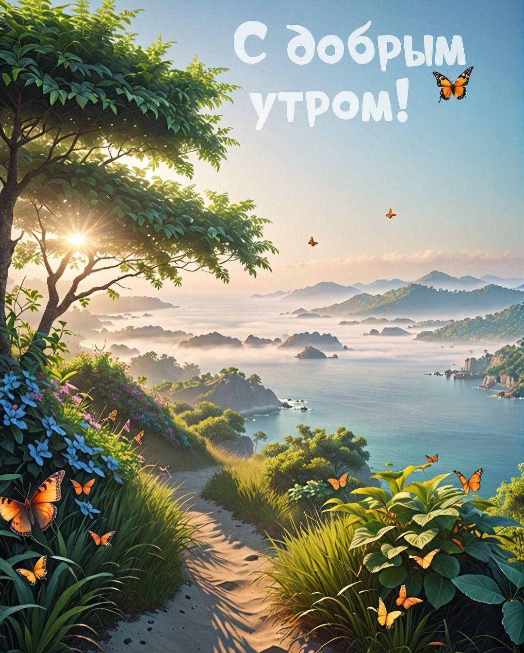 Тихий рассвет на берегу залива с бабочками
