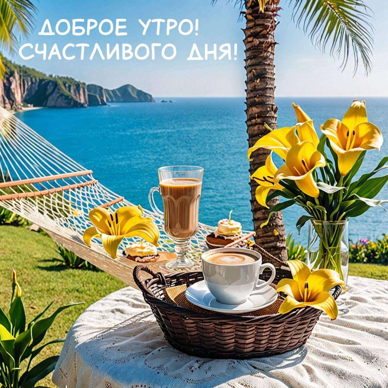 Тихий завтрак на берегу моря с круассанами и кофе