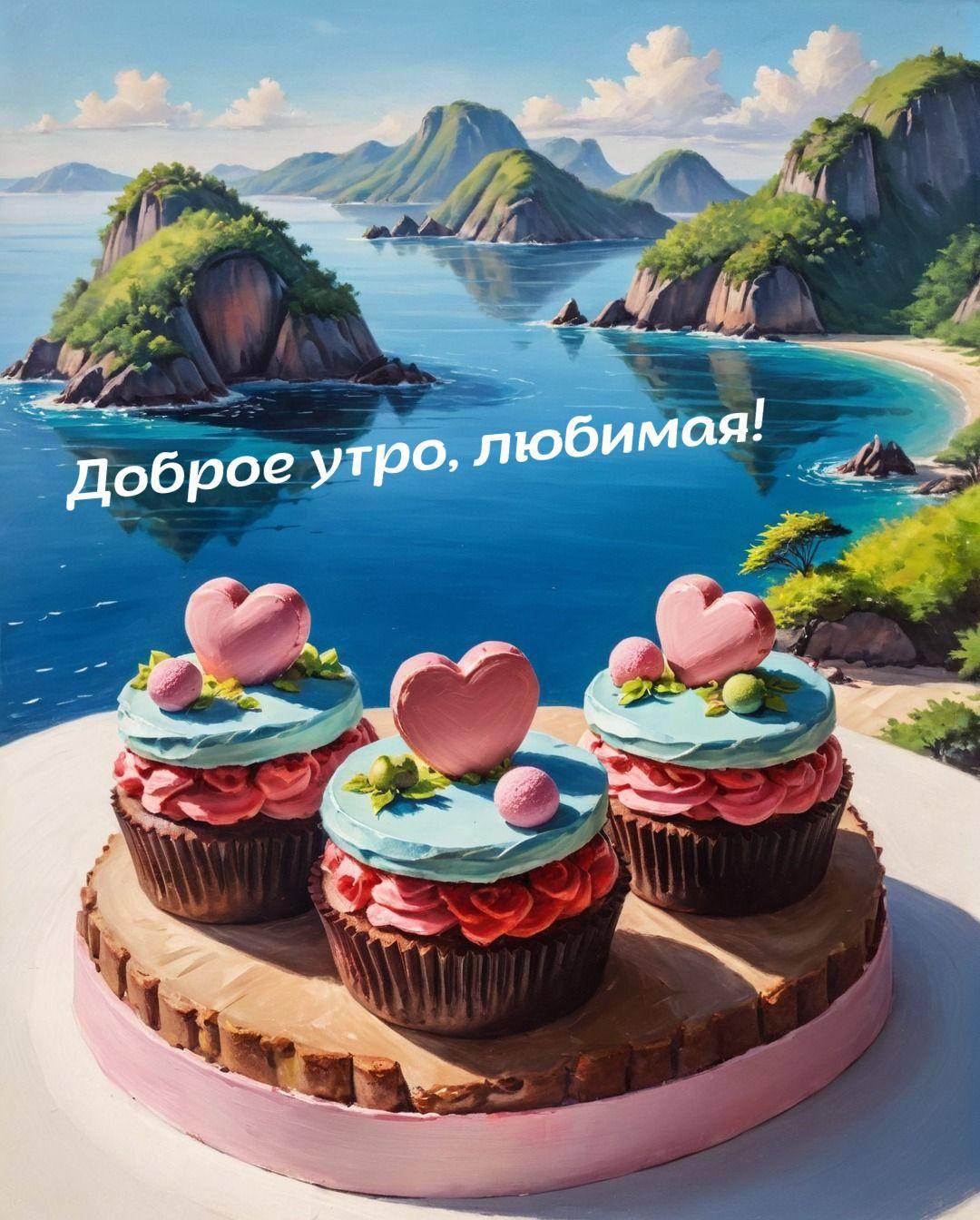 Три капкейка с сердечками на фоне морских островов