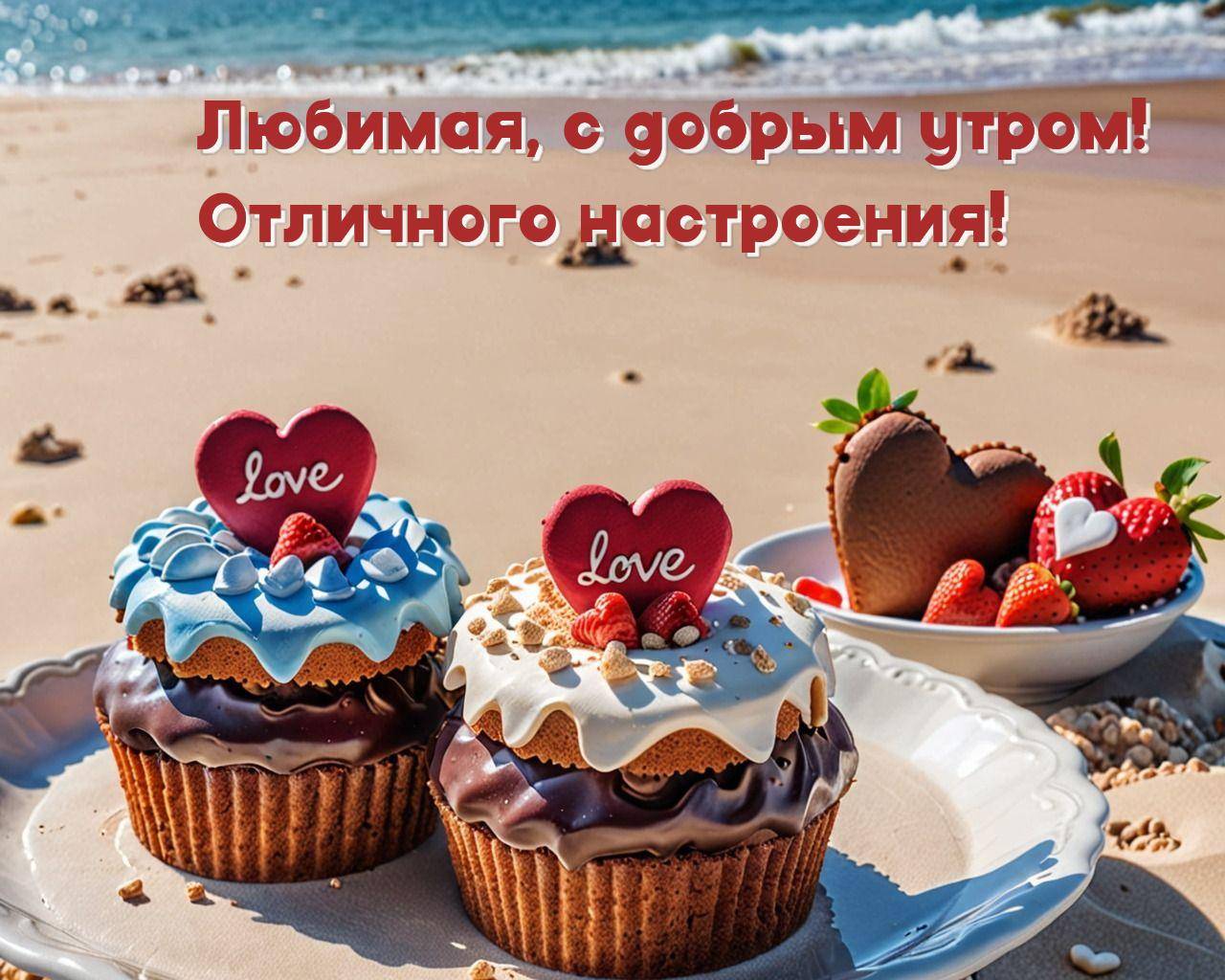 Три капкейка с украшением в виде сердца на пляже