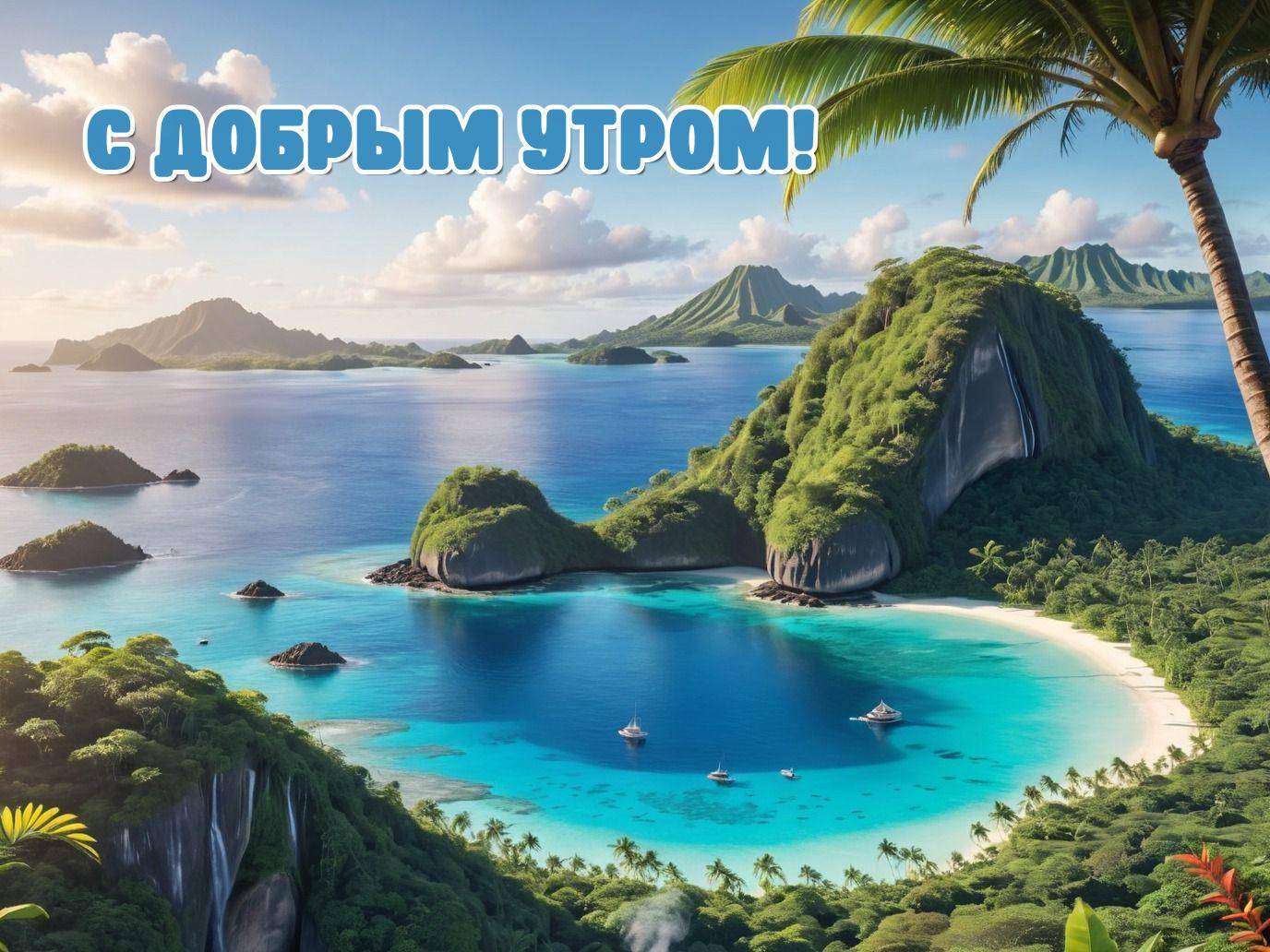 Тропический пейзаж с лагуной, зеленью и парусниками