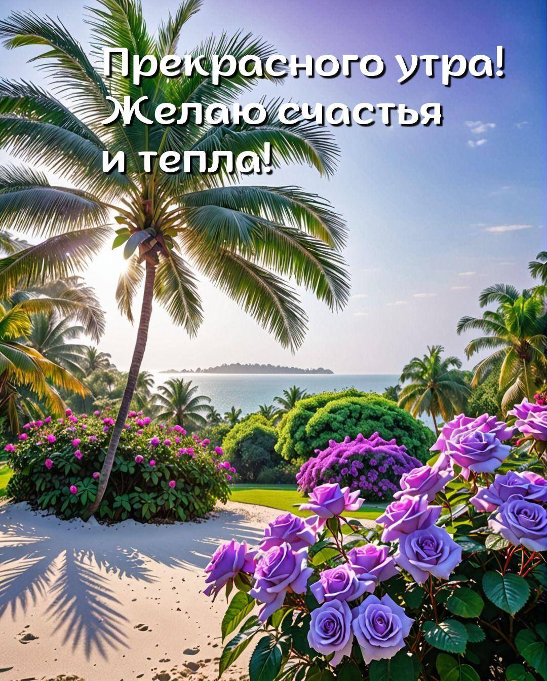 Тропический пейзаж с пальмой и цветущими розами на переднем плане