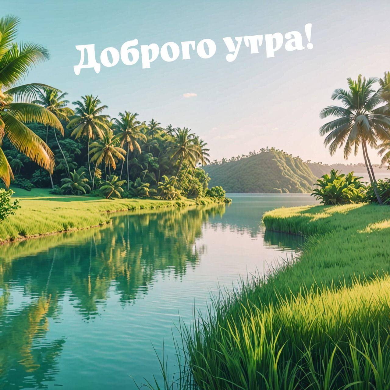 Тропический пейзаж с рекой и пальмами