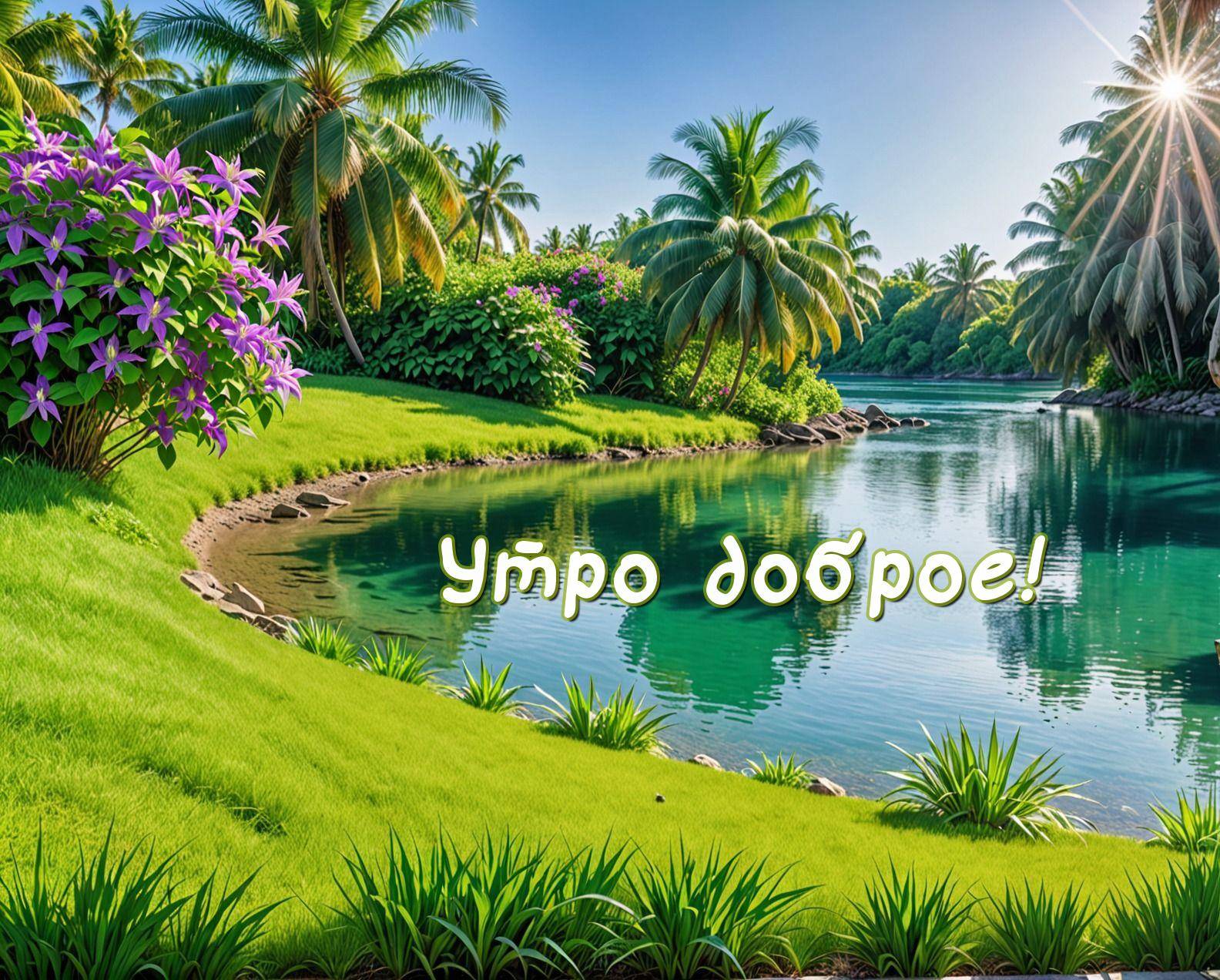 Тропический пейзаж с зеленью и рекой