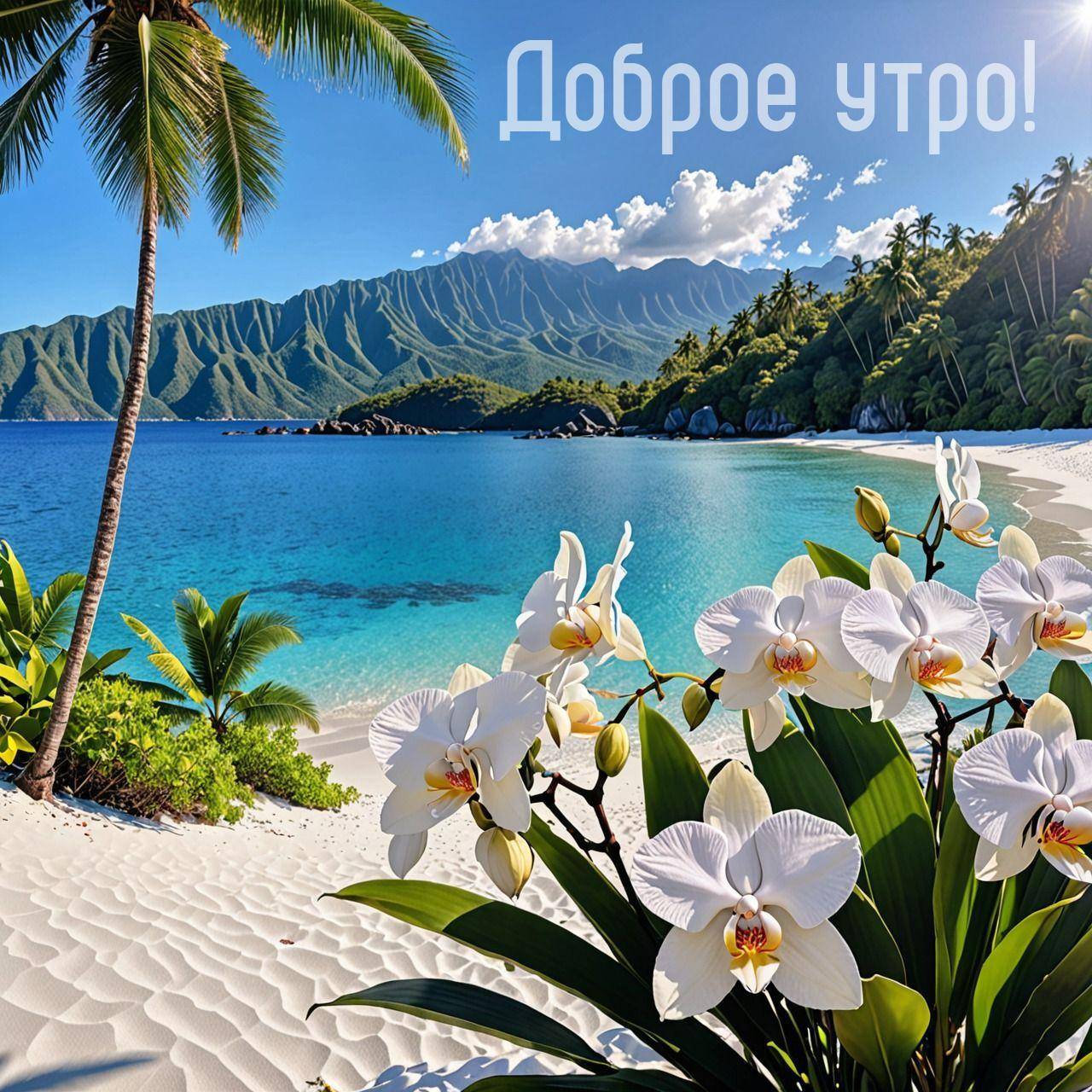 Тропический пляж, белый песок, орхидеи на переднем плане