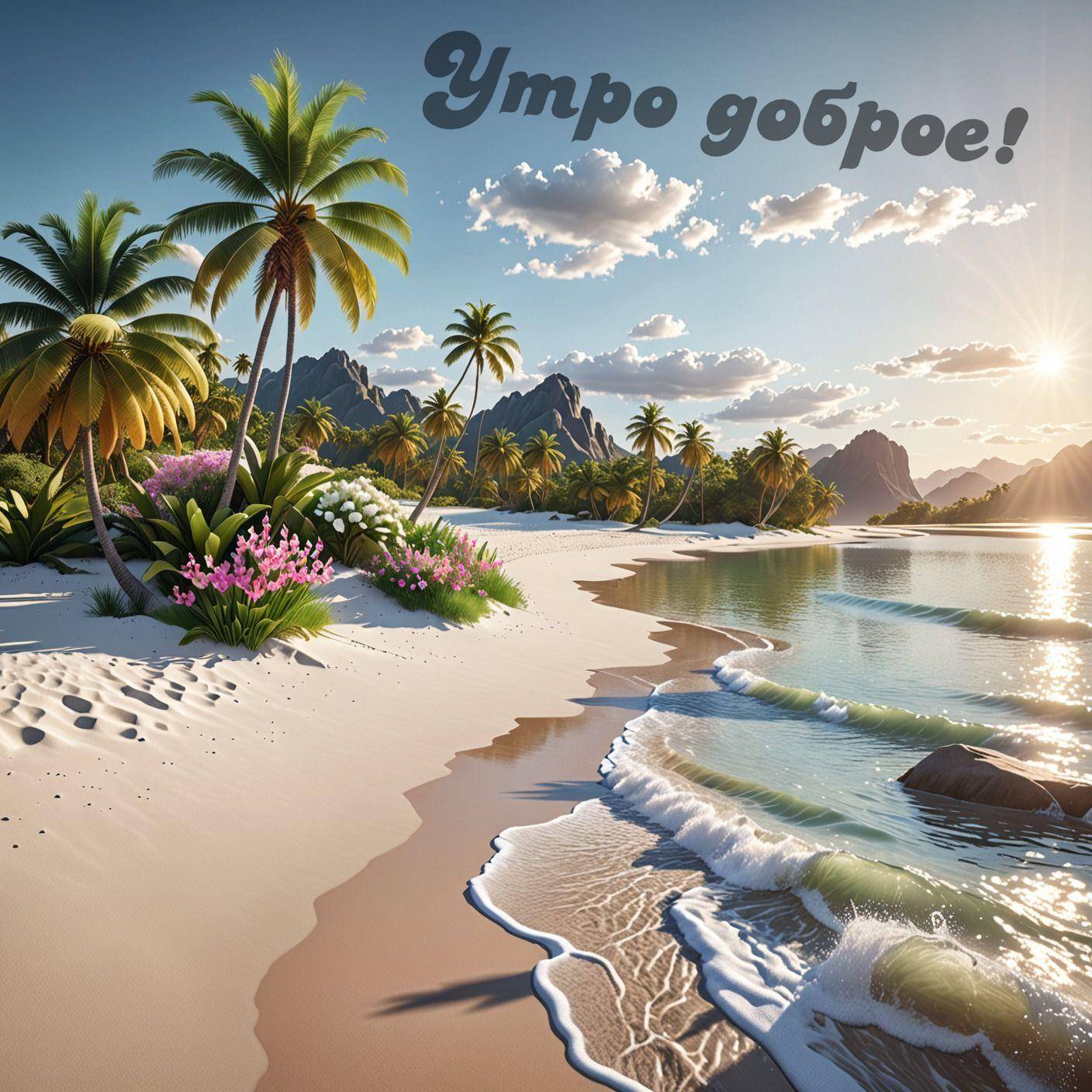 Тропический пляж, пальмы, море, горы вдалеке, яркое солнце