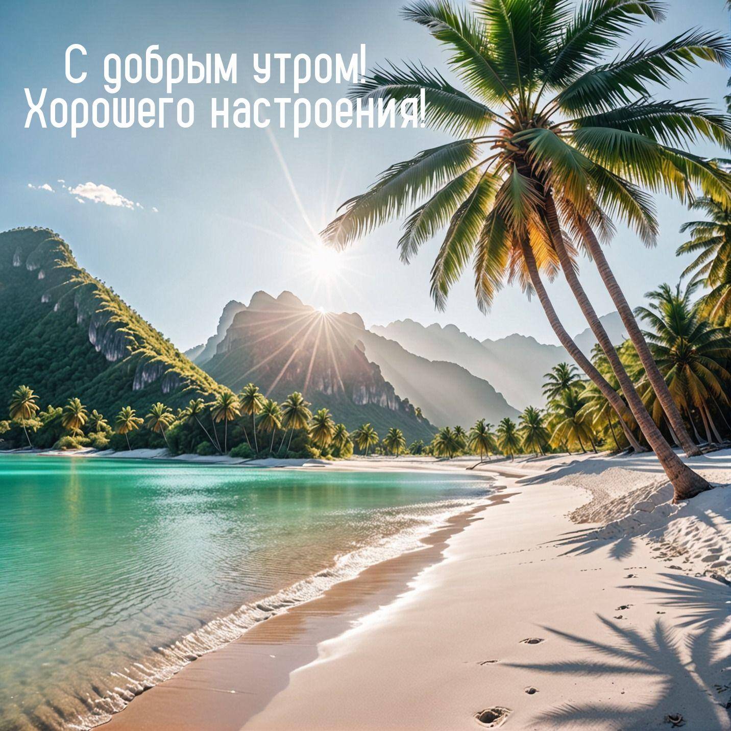 Тропический пляж, пальмы, солнечные лучи сквозь листья, море