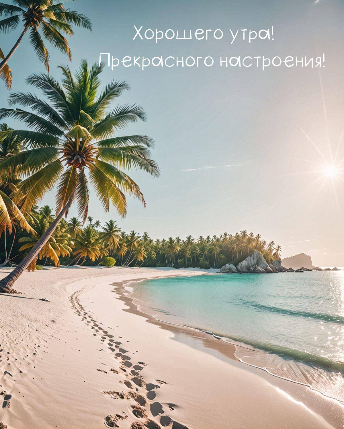Тропический пляж, пальмы, солнечный свет, чистая вода