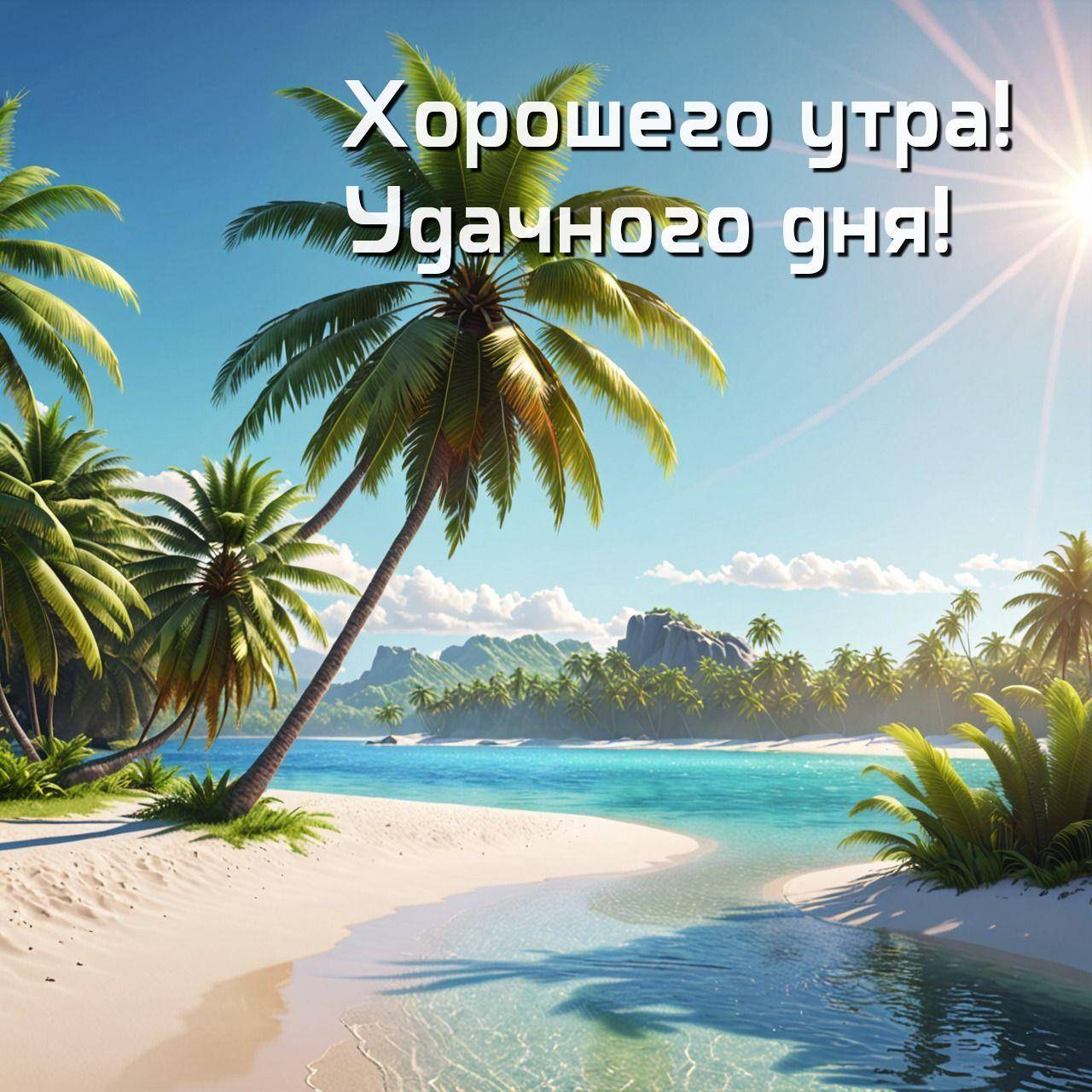 Тропический пляж, пальмы, солнечный свет, чистая вода