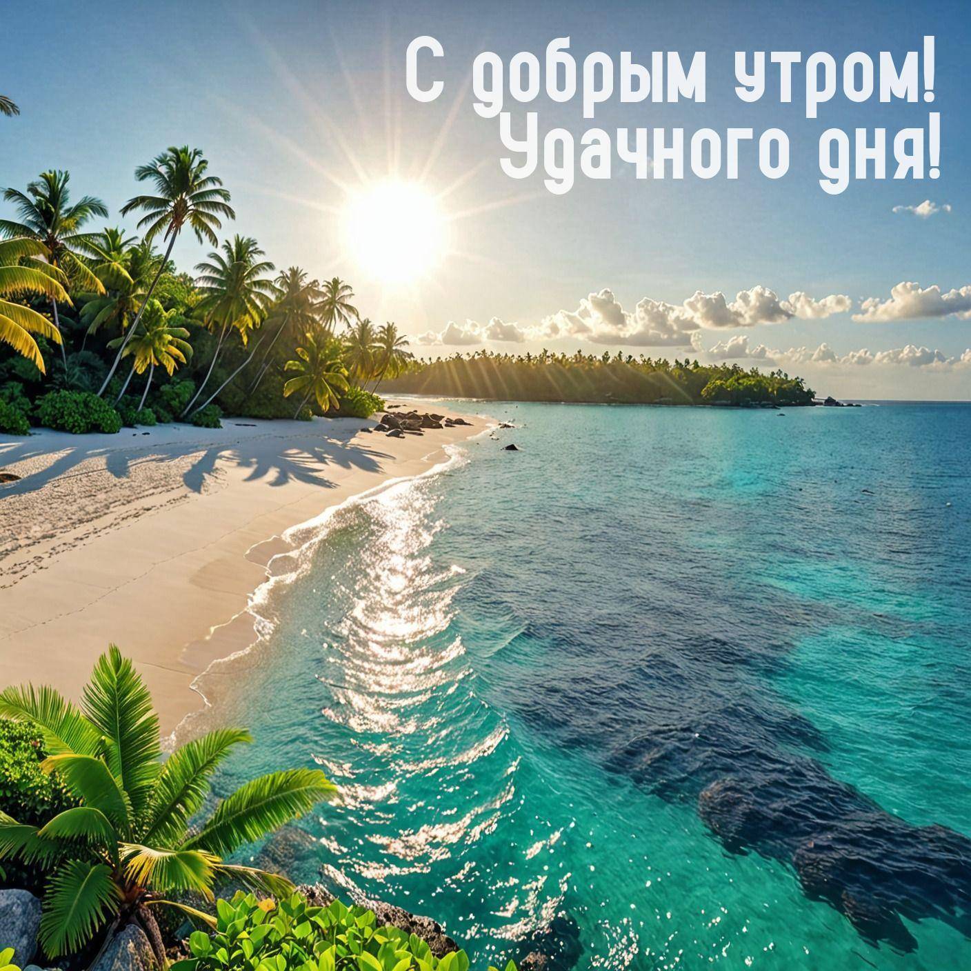Тропический пляж, пальмы, солнце над горизонтом, чистая вода